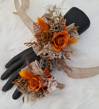 Load image into Gallery viewer, Orange gold rustic preserved flowers corsage &amp; boutonniere set - School formal, prom, graduation, wedding
