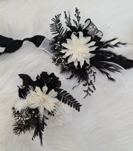 Load image into Gallery viewer, Unique black &amp; white preserved flowers corsage &amp; boutonniere set - School formal, prom, graduation, wedding
