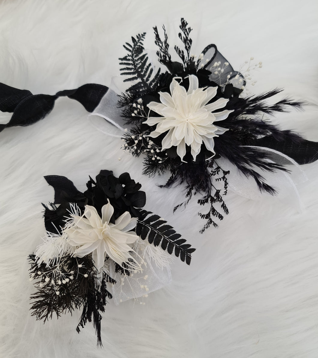 Unique black & white preserved flowers corsage & boutonniere set - School formal, prom, graduation, wedding