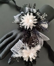 Load image into Gallery viewer, Unique black &amp; white preserved flowers corsage &amp; boutonniere set - School formal, prom, graduation, wedding
