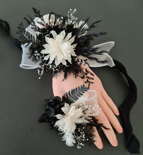 Load image into Gallery viewer, Unique black &amp; white preserved flowers corsage &amp; boutonniere set - School formal, prom, graduation, wedding
