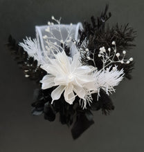Load image into Gallery viewer, Unique black &amp; white preserved flowers corsage &amp; boutonniere set - School formal, prom, graduation, wedding
