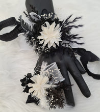 Load image into Gallery viewer, Unique black &amp; white preserved flowers corsage &amp; boutonniere set - School formal, prom, graduation, wedding
