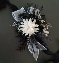 Load image into Gallery viewer, Unique black &amp; white preserved flowers corsage &amp; boutonniere set - School formal, prom, graduation, wedding
