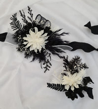 Load image into Gallery viewer, Unique black &amp; white preserved flowers corsage &amp; boutonniere set - School formal, prom, graduation, wedding
