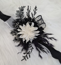 Load image into Gallery viewer, Unique black &amp; white preserved flowers corsage &amp; boutonniere set - School formal, prom, graduation, wedding
