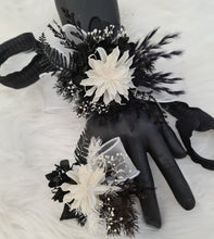 Load image into Gallery viewer, Unique black &amp; white preserved flowers corsage &amp; boutonniere set - School formal, prom, graduation, wedding
