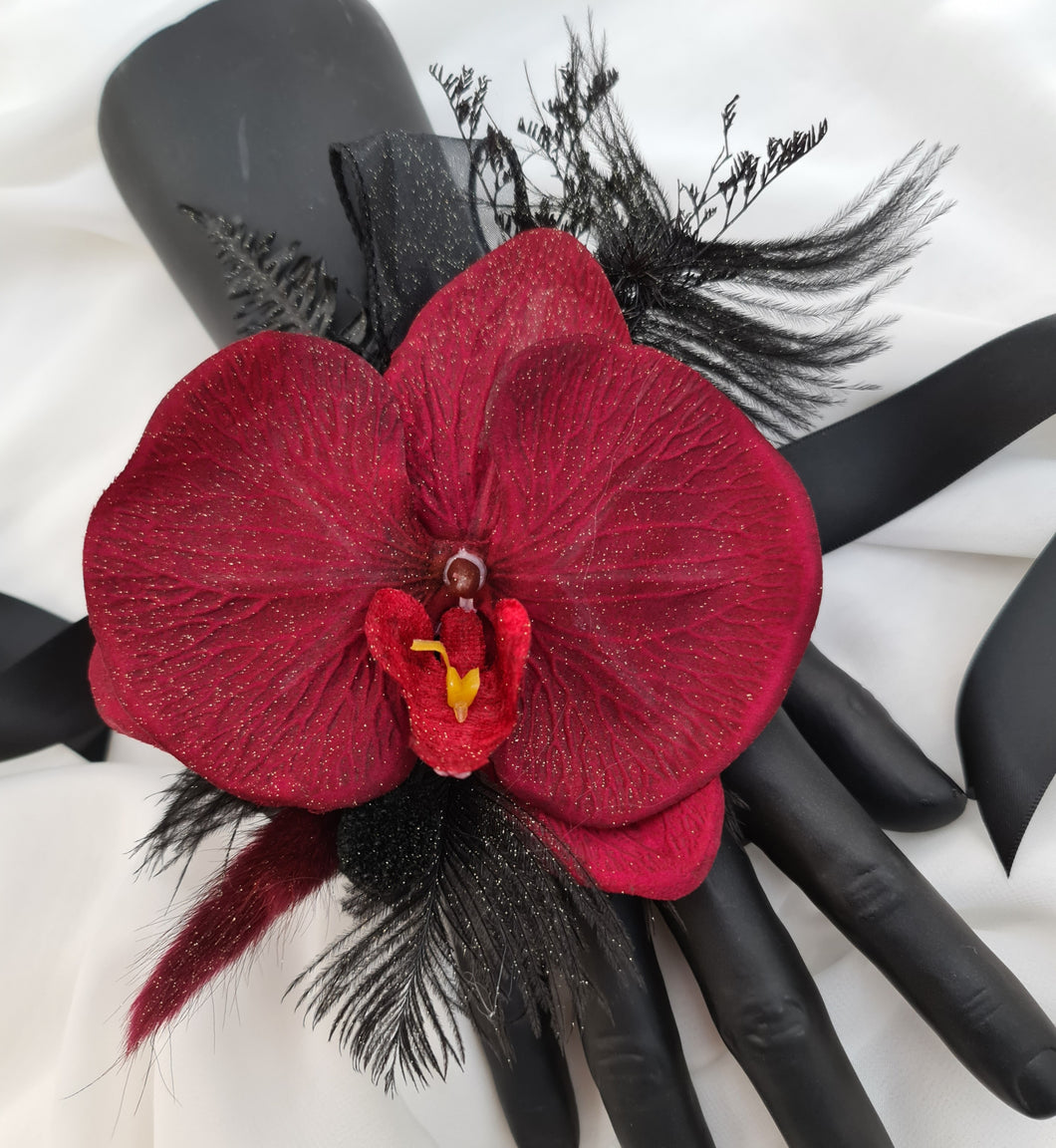 Elegant burgundy orchid corsage w gold glitter & black feathers - School formal, prom, graduation, wedding