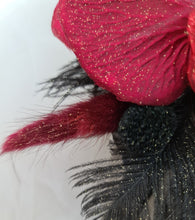 Load image into Gallery viewer, Elegant burgundy orchid corsage w gold glitter &amp; black feathers - School formal, prom, graduation, wedding
