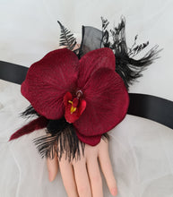 Load image into Gallery viewer, Elegant burgundy orchid corsage w gold glitter &amp; black feathers - School formal, prom, graduation, wedding
