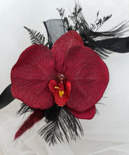 Load image into Gallery viewer, Elegant burgundy orchid corsage w gold glitter &amp; black feathers - School formal, prom, graduation, wedding
