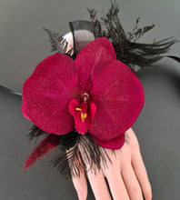 Load image into Gallery viewer, Elegant burgundy orchid corsage w gold glitter &amp; black feathers - School formal, prom, graduation, wedding
