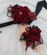 Load image into Gallery viewer, Burgundy black everlasting flowers corsage &amp; boutonniere set w red glitter - School formal, prom, graduation, wedding

