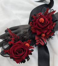 Load image into Gallery viewer, Burgundy black everlasting flowers corsage &amp; boutonniere set w red glitter - School formal, prom, graduation, wedding
