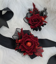 Load image into Gallery viewer, Burgundy black everlasting flowers corsage &amp; boutonniere set w red glitter - School formal, prom, graduation, wedding
