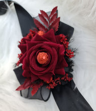 Load image into Gallery viewer, Burgundy black everlasting flowers corsage &amp; boutonniere set w red glitter - School formal, prom, graduation, wedding
