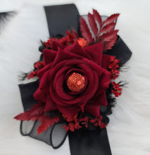 Load image into Gallery viewer, Burgundy black everlasting flowers corsage &amp; boutonniere set w red glitter - School formal, prom, graduation, wedding
