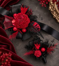 Load image into Gallery viewer, Burgundy black everlasting flowers corsage &amp; boutonniere set - School formal, prom, graduation, wedding
