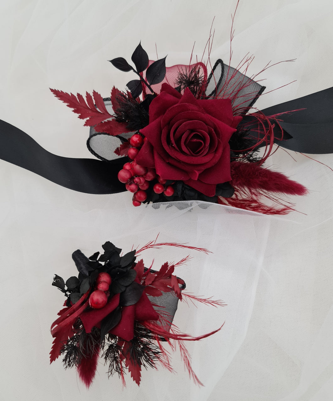 Red & black everlasting flowers corsage & buttonhole set - School formal, prom, graduation, wedding