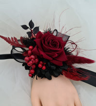 Load image into Gallery viewer, Red &amp; black everlasting flowers corsage &amp; buttonhole set - School formal, prom, graduation, wedding
