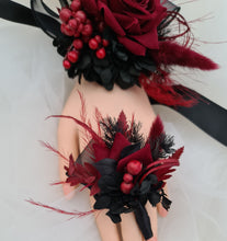Load image into Gallery viewer, Red &amp; black everlasting flowers corsage &amp; buttonhole set - School formal, prom, graduation, wedding
