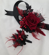 Load image into Gallery viewer, Red &amp; black everlasting flowers corsage &amp; buttonhole set - School formal, prom, graduation, wedding
