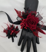 Load image into Gallery viewer, Red &amp; black everlasting flowers corsage &amp; buttonhole set - School formal, prom, graduation, wedding
