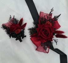 Load image into Gallery viewer, Black &amp; burgundy corsage &amp; buttonhole set - School formal, prom, graduation, wedding
