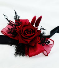 Load image into Gallery viewer, Black &amp; burgundy corsage &amp; buttonhole set - School formal, prom, graduation, wedding
