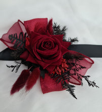 Load image into Gallery viewer, Black &amp; burgundy corsage &amp; buttonhole set - School formal, prom, graduation, wedding
