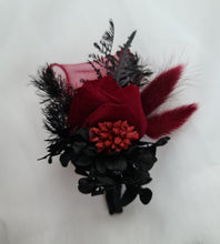 Load image into Gallery viewer, Black &amp; burgundy corsage &amp; buttonhole set - School formal, prom, graduation, wedding
