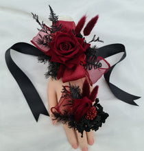 Load image into Gallery viewer, Black &amp; burgundy corsage &amp; buttonhole set - School formal, prom, graduation, wedding
