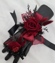 Load image into Gallery viewer, Black &amp; burgundy corsage &amp; buttonhole set - School formal, prom, graduation, wedding
