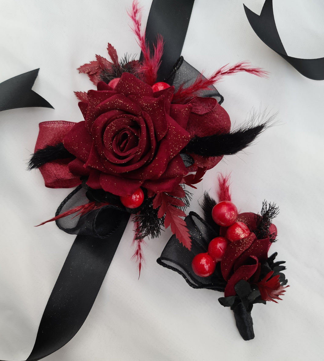 Burgundy & black w gold glitter corsage & buttonhole set - School formal, prom, graduation, wedding
