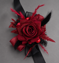 Load image into Gallery viewer, Burgundy &amp; black w gold glitter corsage &amp; buttonhole set - School formal, prom, graduation, wedding
