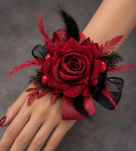 Load image into Gallery viewer, Burgundy &amp; black w gold glitter corsage &amp; buttonhole set - School formal, prom, graduation, wedding
