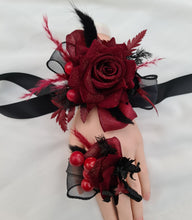 Load image into Gallery viewer, Burgundy &amp; black w gold glitter corsage &amp; buttonhole set - School formal, prom, graduation, wedding
