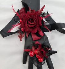 Load image into Gallery viewer, Burgundy &amp; black w gold glitter corsage &amp; buttonhole set - School formal, prom, graduation, wedding
