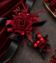Load image into Gallery viewer, Burgundy &amp; black w gold glitter corsage &amp; buttonhole set - School formal, prom, graduation, wedding
