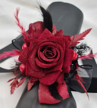 Load image into Gallery viewer, Burgundy &amp; black w gold glitter corsage &amp; buttonhole set - School formal, prom, graduation, wedding
