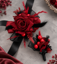Load image into Gallery viewer, Burgundy &amp; black w gold glitter corsage &amp; buttonhole set - School formal, prom, graduation, wedding

