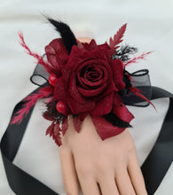 Load image into Gallery viewer, Burgundy &amp; black w gold glitter corsage &amp; buttonhole set - School formal, prom, graduation, wedding
