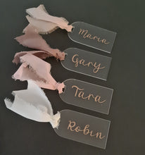 Load image into Gallery viewer, Personalised acrylic tag, custom wedding, event badge – Glitter letters
