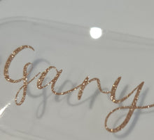 Load image into Gallery viewer, Personalised acrylic tag, custom wedding, event badge – Glitter letters
