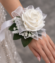 Load image into Gallery viewer, Green &amp; white corsage &amp; buttonhole set Style 1 - School formal, prom, graduation, wedding
