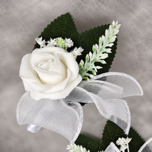 Load image into Gallery viewer, Green &amp; white corsage &amp; buttonhole set Style 1 - School formal, prom, graduation, wedding
