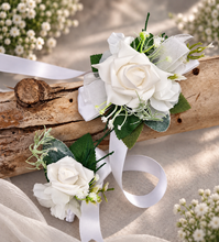 Load image into Gallery viewer, Green &amp; white corsage &amp; buttonhole set Style 2 - School formal, prom, graduation, wedding
