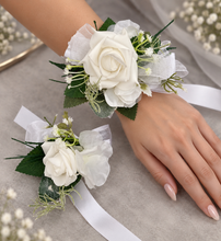 Load image into Gallery viewer, Green &amp; white corsage &amp; buttonhole set Style 2 - School formal, prom, graduation, wedding
