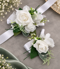 Load image into Gallery viewer, Green &amp; white corsage &amp; buttonhole set Style 2 - School formal, prom, graduation, wedding
