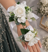 Load image into Gallery viewer, Green &amp; white corsage &amp; buttonhole set Style 2 - School formal, prom, graduation, wedding
